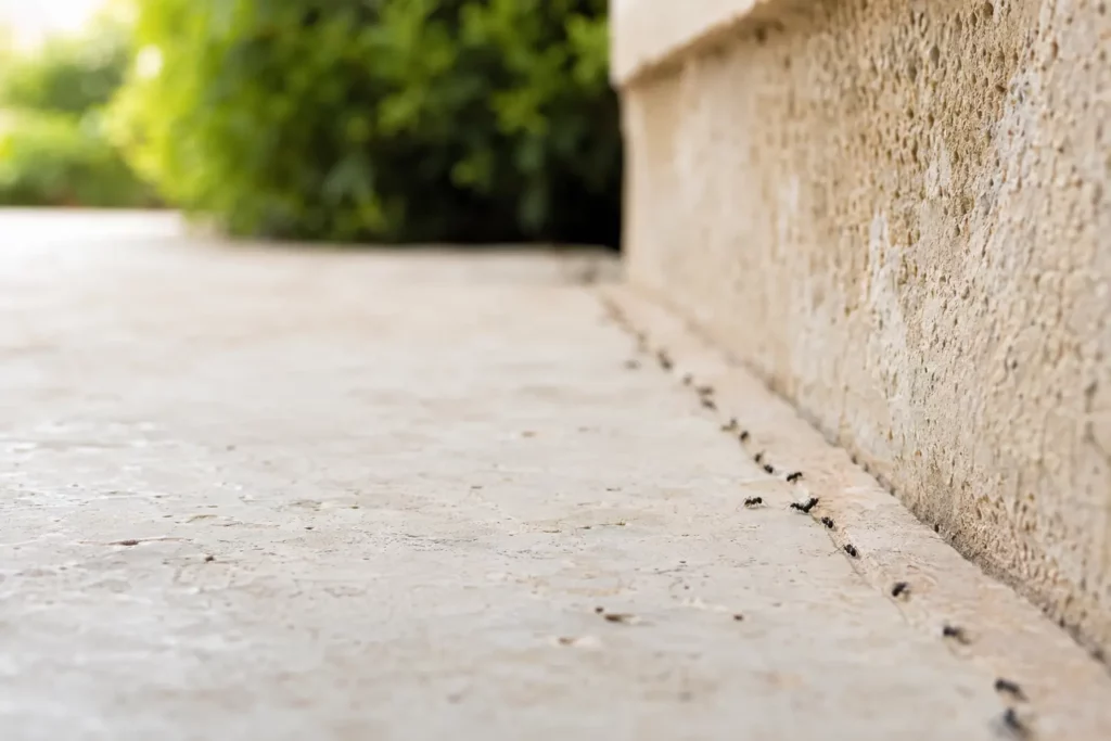 Fourmis noires en déplacement le long d’un bâtiment